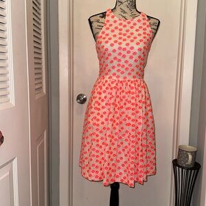 J Crew neon, pink & white floral embroidered full skirt dress like new Sz 00